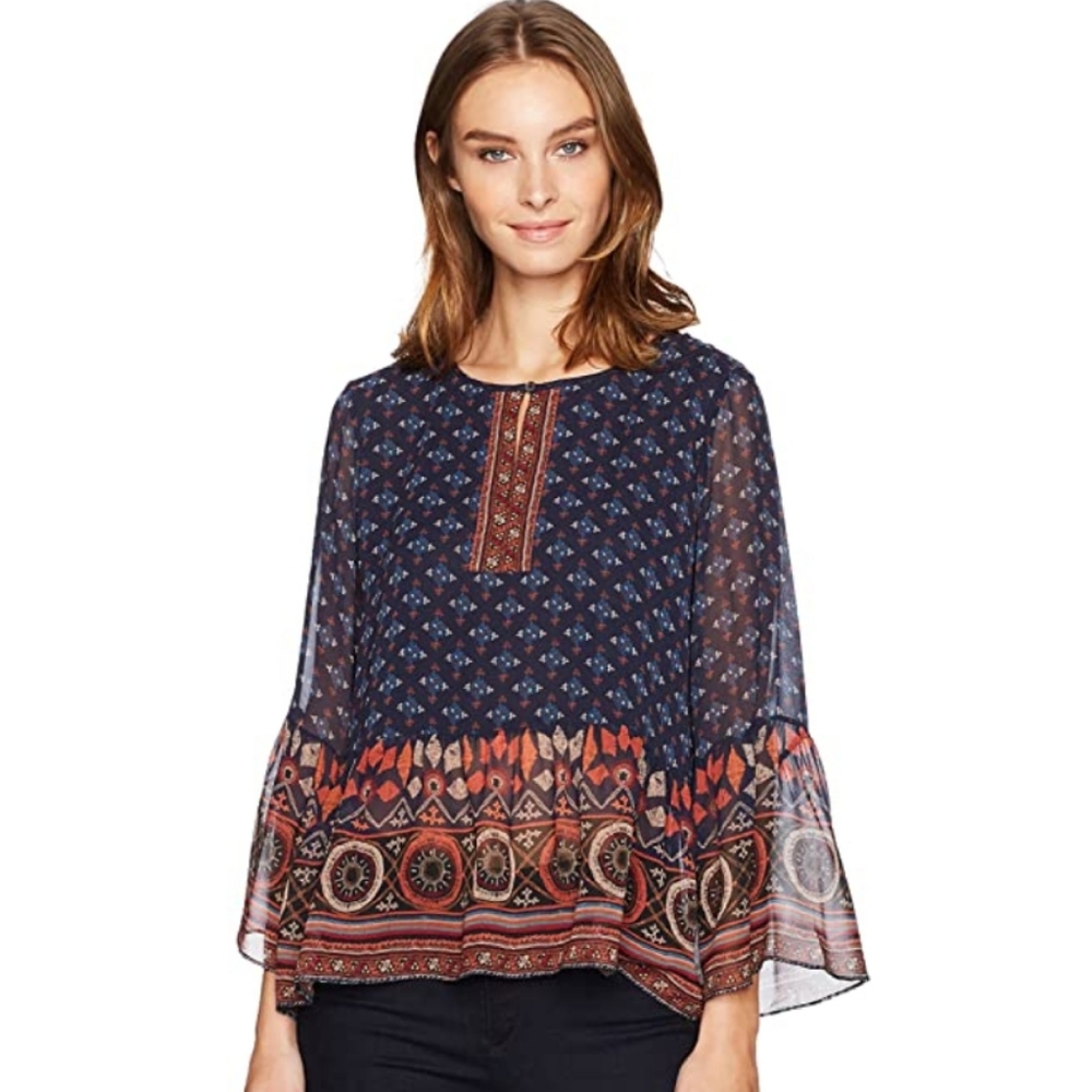 Joie XS Navy/Rust Orange Print Silk Blouse